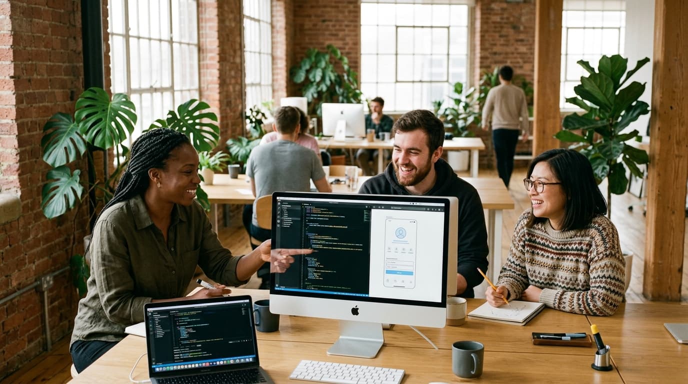 Engineers and a designer laughing together around a shared screen in a bright studio