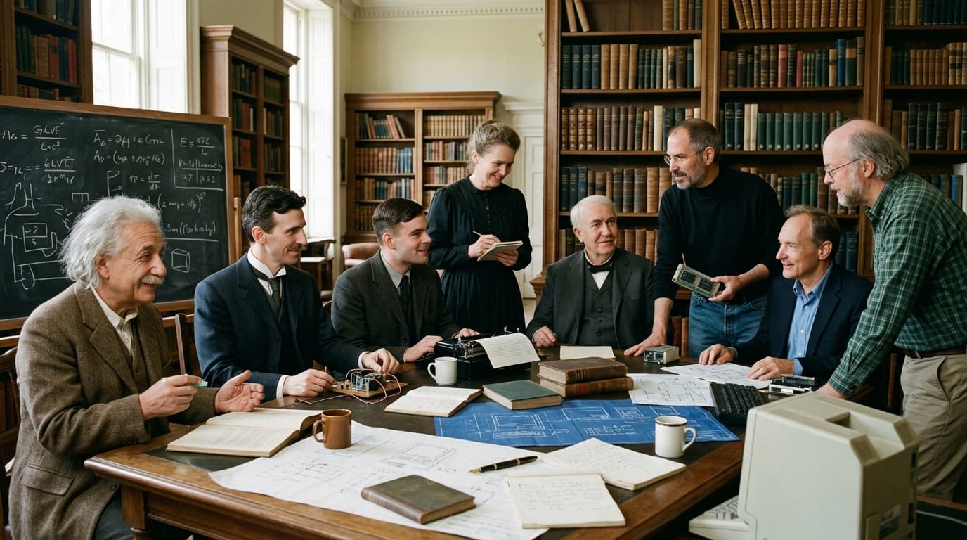 Illustration of science and computing pioneers gathered around a table of blueprints
